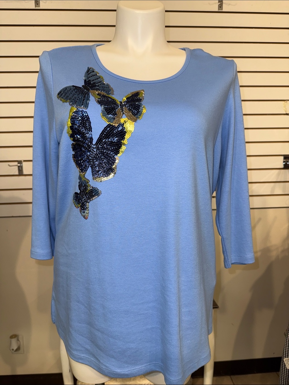 Quacker Factory Women’s Light Blue Sequin Butterfly Tee
